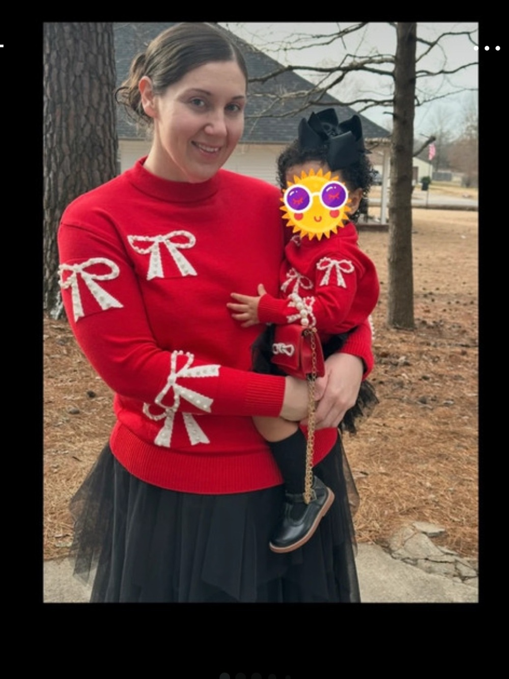 Mommy & Me Red Pearl Bow Christmas Sweater Set | Women’s L + Baby 12M